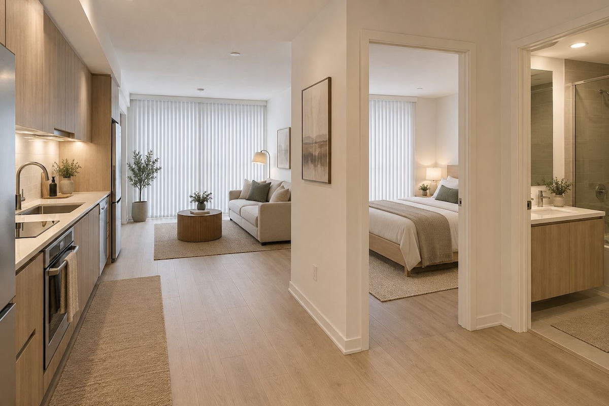 Un appartement moderne comprenant une cuisine, un espace de vie et une chambre.