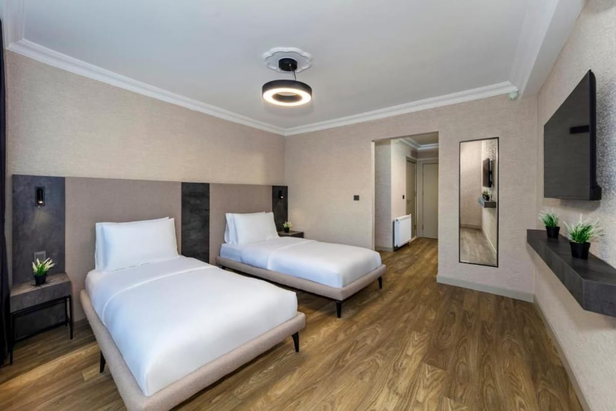 A hotel room with two beds, a ceiling light, a mirror, a TV, and a small plant.