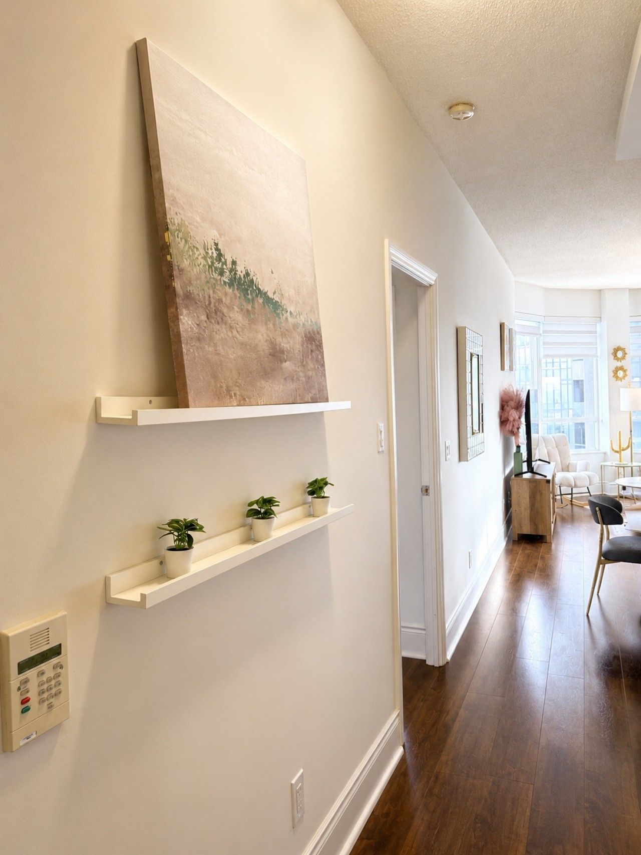 Un couloir aux murs blancs, doté d’un plancher en bois et orné d’un tableau au-dessus d’une étagère. Trois petites plantes en pot sont disposées sur l’étagère.