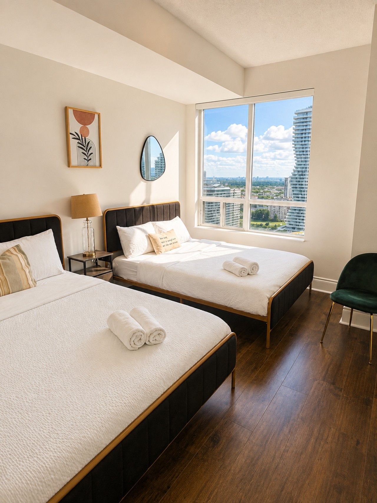 Ein Hotelzimmer mit zwei Betten, einem großen Fenster mit Blick auf die Stadt, einem Spiegel und einem gerahmten Kunstwerk an der Wand.