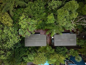 A top-down view of a building surrounded by dense foliage.