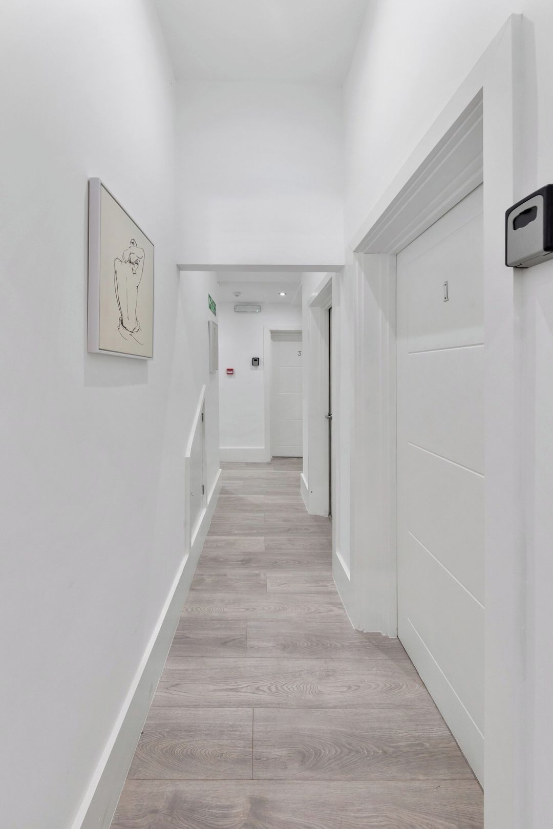A hallway with a wooden floor, white walls, and a framed artwork on the left.