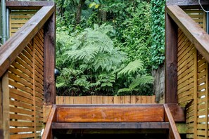 A wooden bridge leading into a lush, green area with dense foliage.