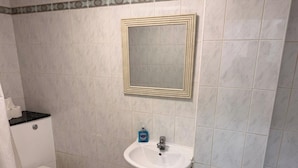 Un baño con inodoro, lavamanos y espejo.