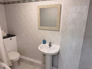Et badeværelse med toilet, vask og spejl.