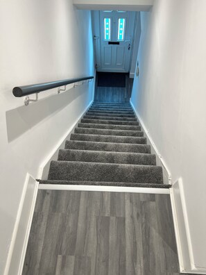 A staircase with a handrail, carpeted steps, and a door at the top with a window.