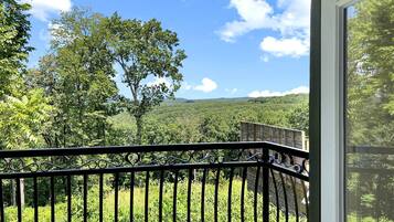 A balcony with a metal railing overlooking a lush green landscape and a clear blue sky.