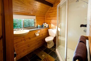 A wooden cabin bathroom with a sink, toilet, and glass shower enclosure.