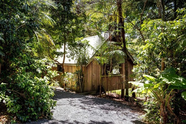 A wooden structure surrounded by dense foliage, with a gravel path leading to it.