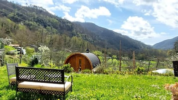 Une cabane en bois, dotée d’un toit incurvé, est entourée d’une prairie verdoyante et luxuriante, avec des montagnes en toile de fond.