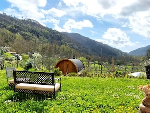 A wooden cabin with a curved roof surrounded by a lush green meadow and mountains in the background. - defaultName (Varese Ligure)