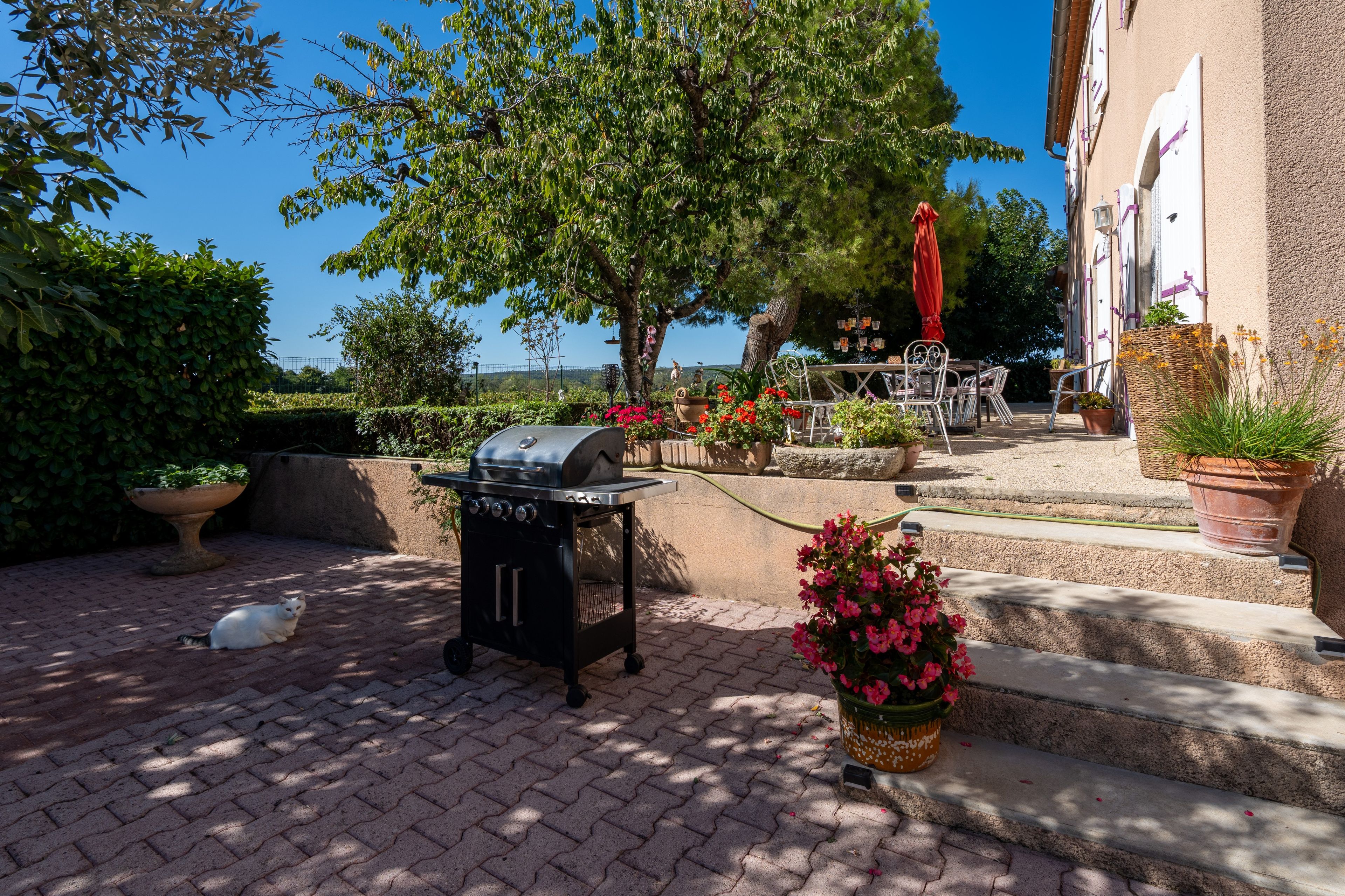A patio with a barbecue grill, outdoor seating, potted plants, and a view of the sea.