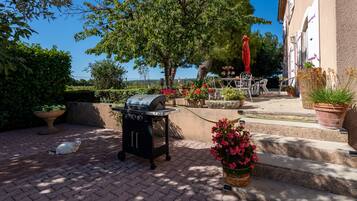 A patio with a barbecue grill, outdoor seating, potted plants, and a view of the sea.