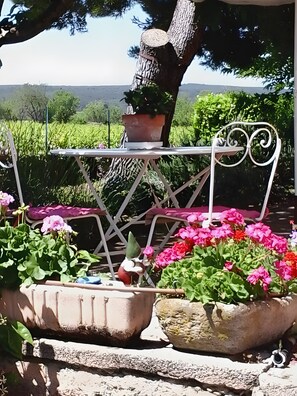 Une table de jardin agrémentée d’une plante en pot et de fleurs, entourée de verdure et offrant une vue sur le paysage.