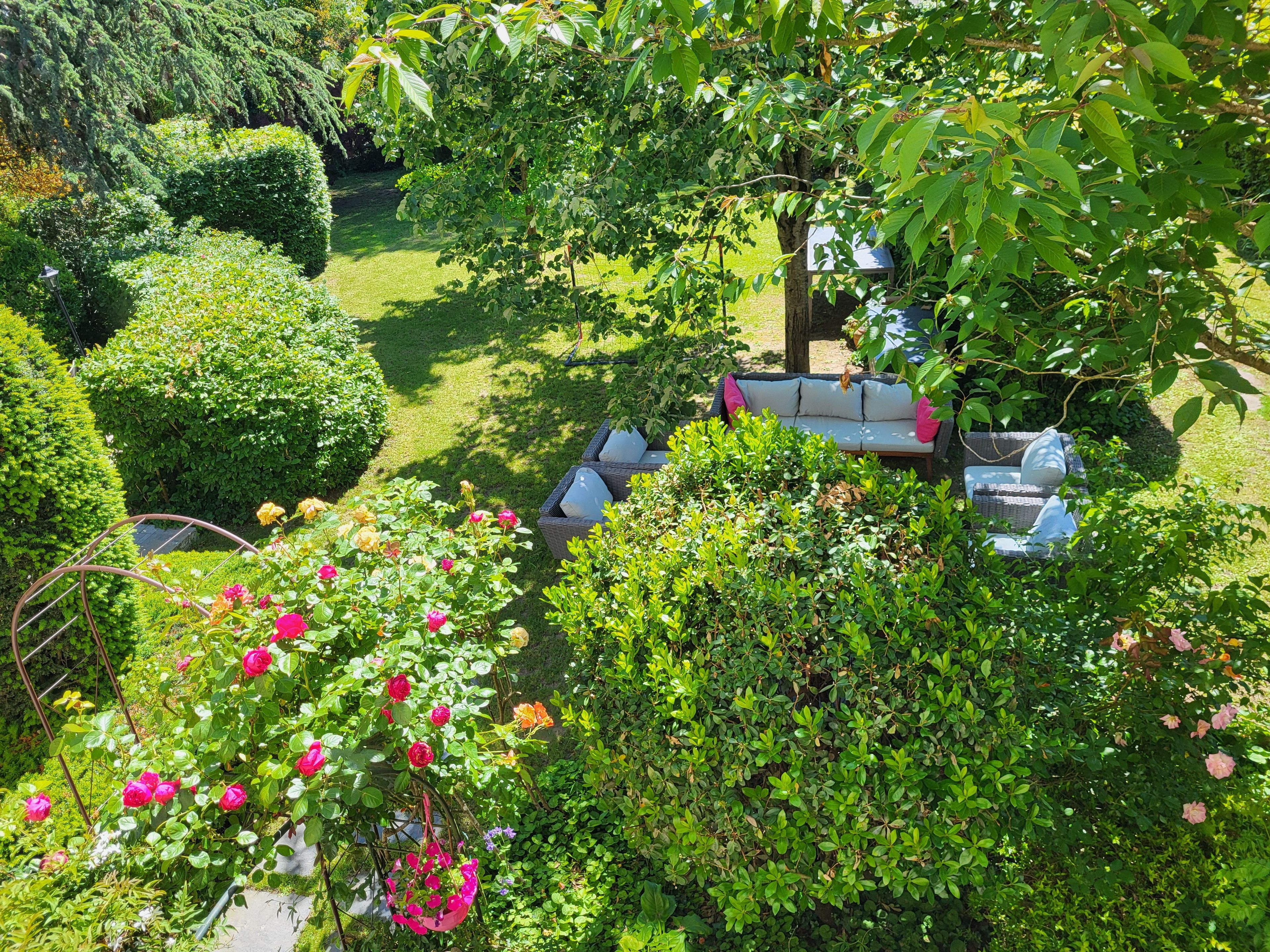 Ein Garten mit Sitzgelegenheit, Vogelhaus und verschiedenen Pflanzen und Blumen.