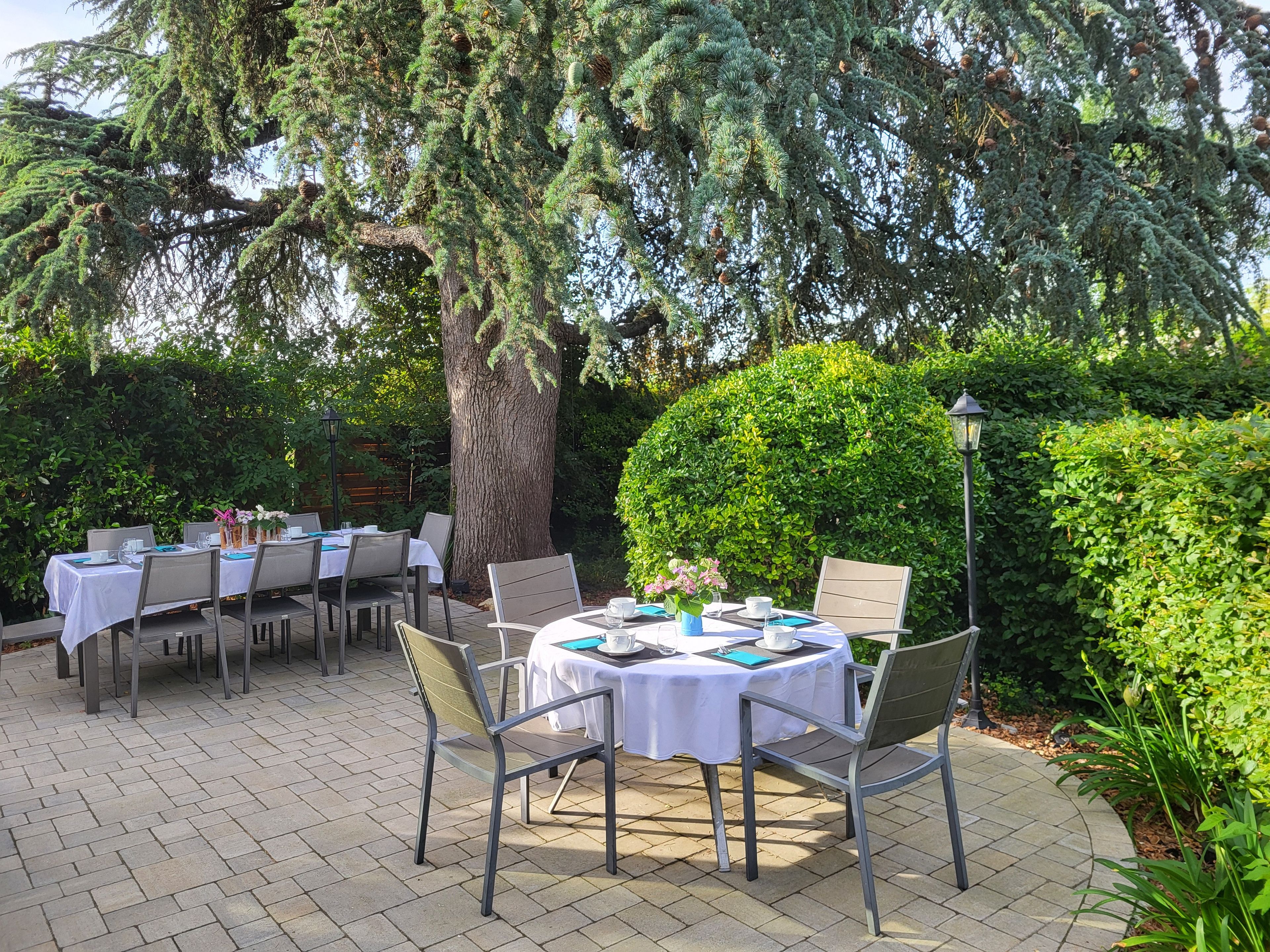 Un espace de restauration en plein air, avec des tables disposées pour deux personnes, entouré d’une végétation luxuriante et d’un grand arbre.