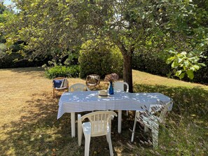 Ein Essbereich im Freien mit Tisch und Stühlen, umgeben von Pflanzen und Bäumen.