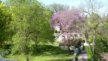 Un jardin luxuriant, avec une variété d’arbres, un sentier en pierre et un bâtiment blanc doté d’un toit recouvert de tuiles.