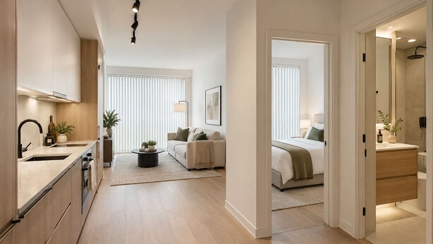 A modern apartment with a kitchen, living area, and bedroom. - Toren Hotel & Suites (Toronto)