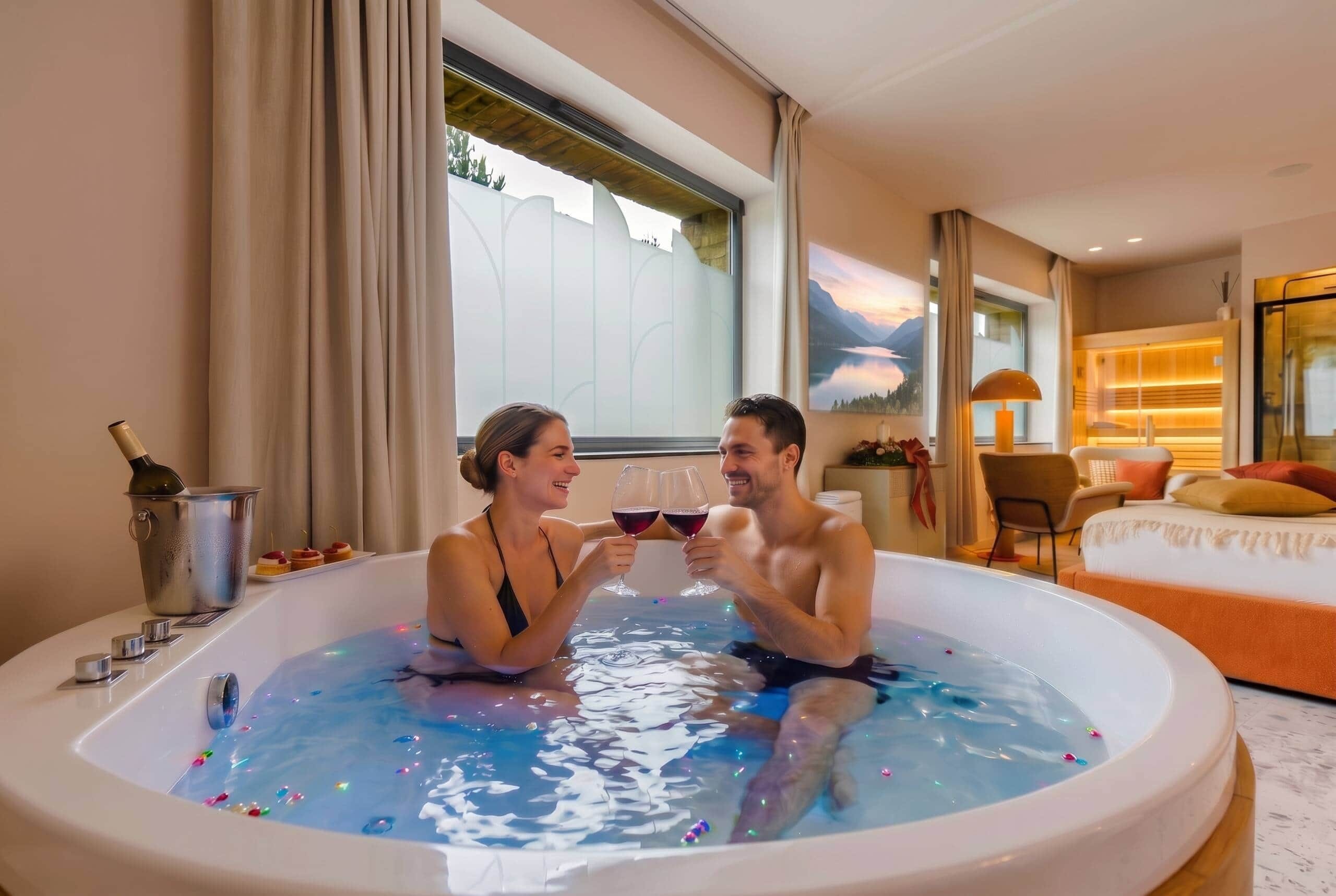 Ein Paar in einer Whirlpool-Badewanne mit einer Champagnerflasche und Snacks, einem Bett und einem Gemälde von einer Berglandschaft.