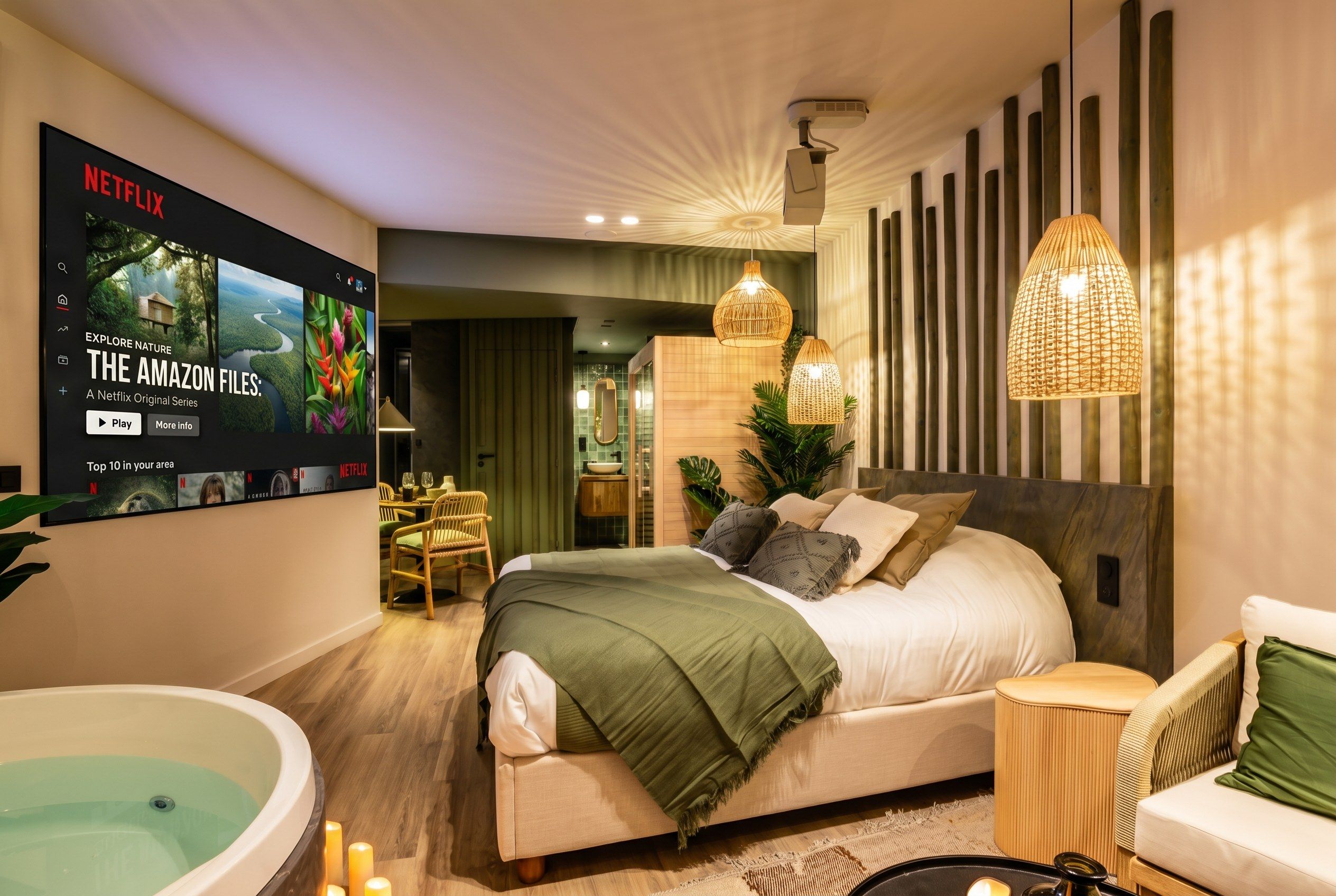 A modern bedroom with a large bed, a wall-mounted TV displaying a Netflix show, a bathtub, and ambient lighting.