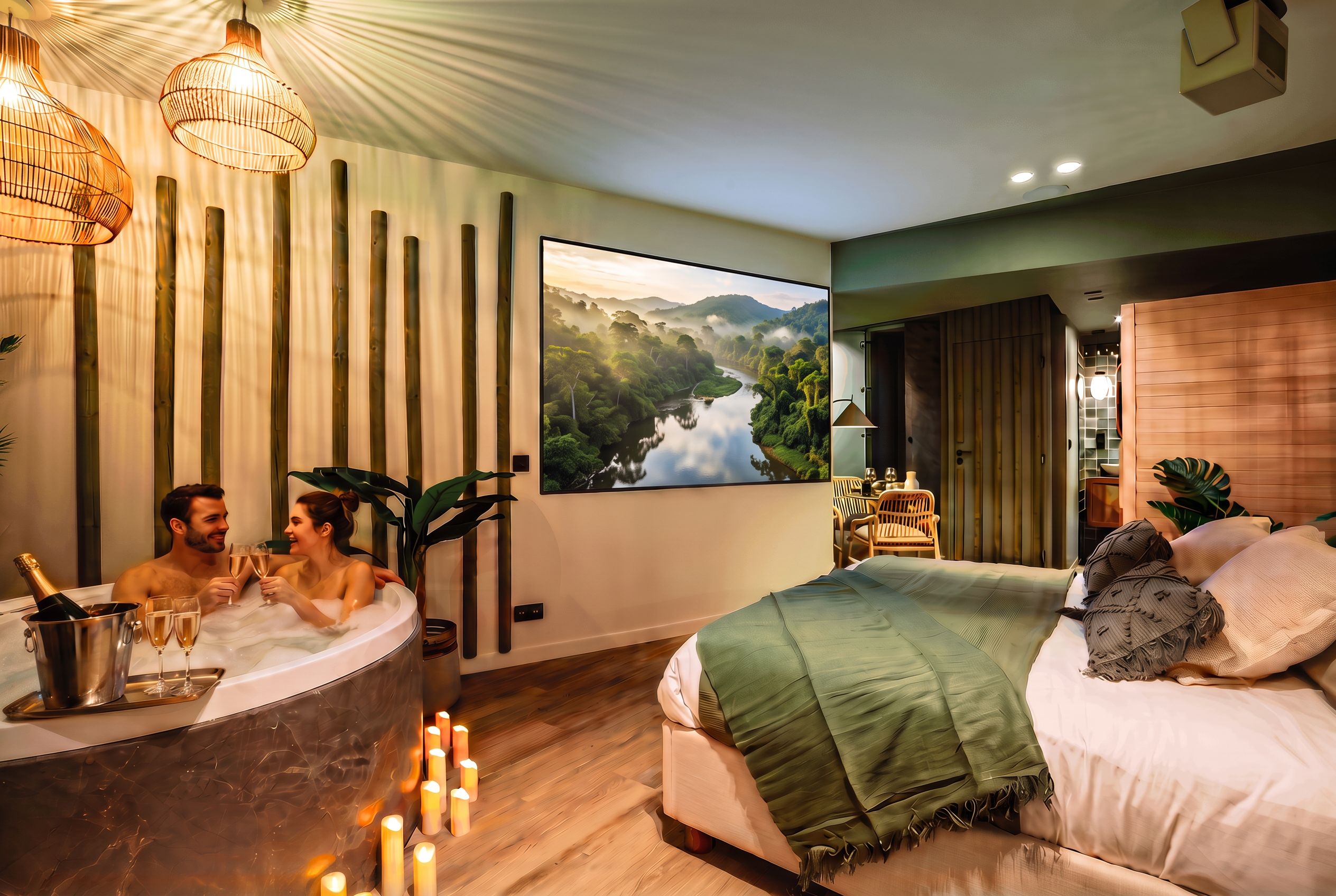 A modern hotel room with a large bed, a bathtub, and a scenic wall mural.