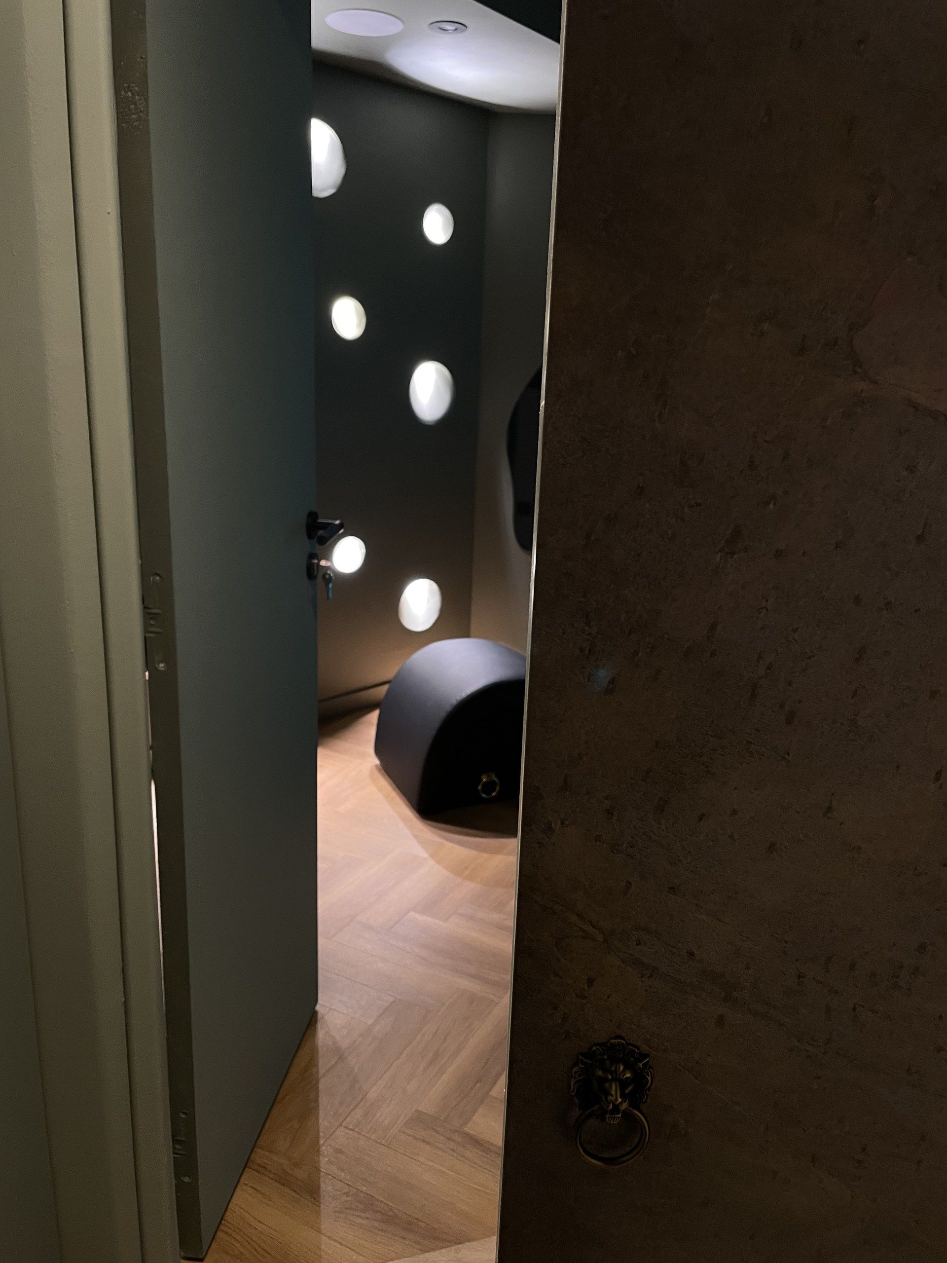 A doorway leading to a room with a herringbone-patterned floor, a black object on the floor, and a wall with circular light fixtures.