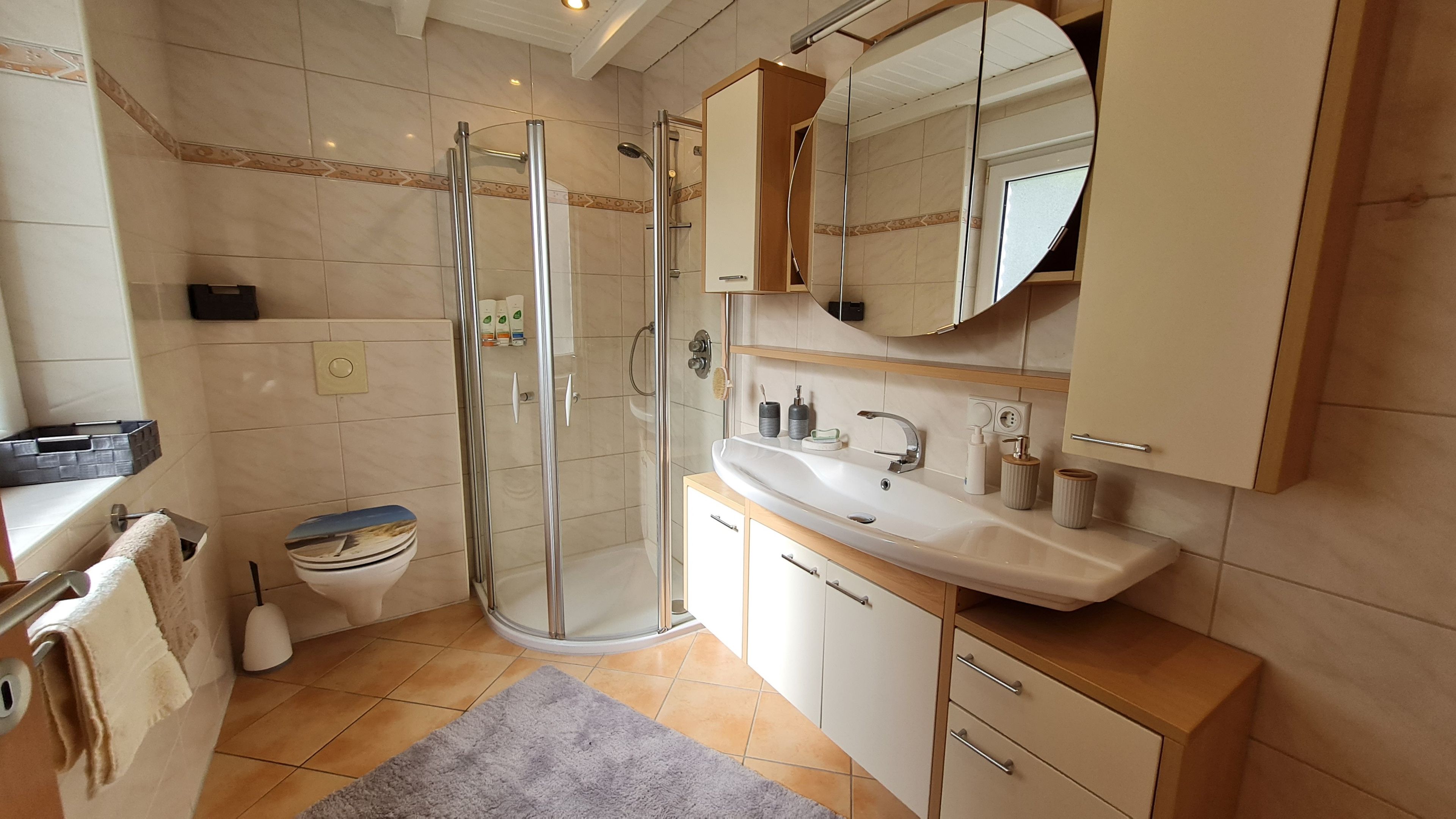 A modern bathroom with a glass shower enclosure, a white sink, and a large mirror above the vanity.