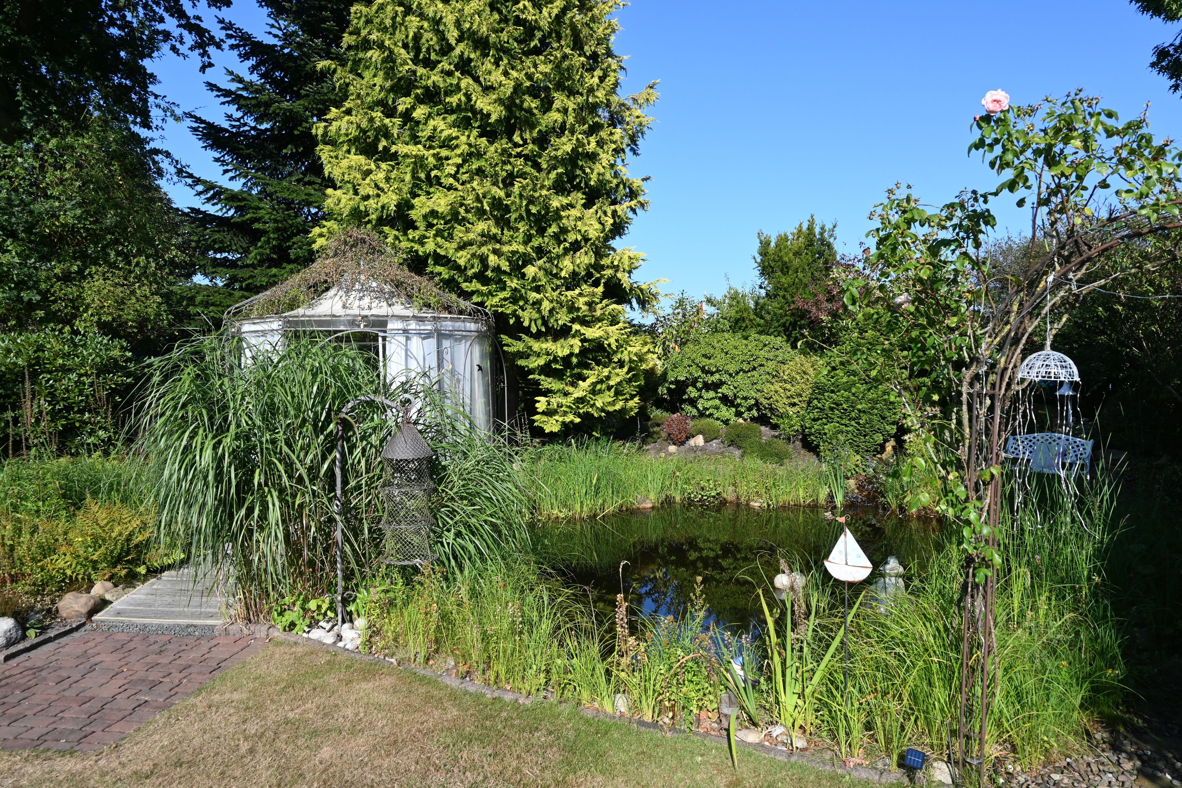 Ein Garten mit Teich, Laube und verschiedenen Pflanzen.