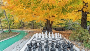 A large outdoor chessboard set up in a park with trees in autumn colors.