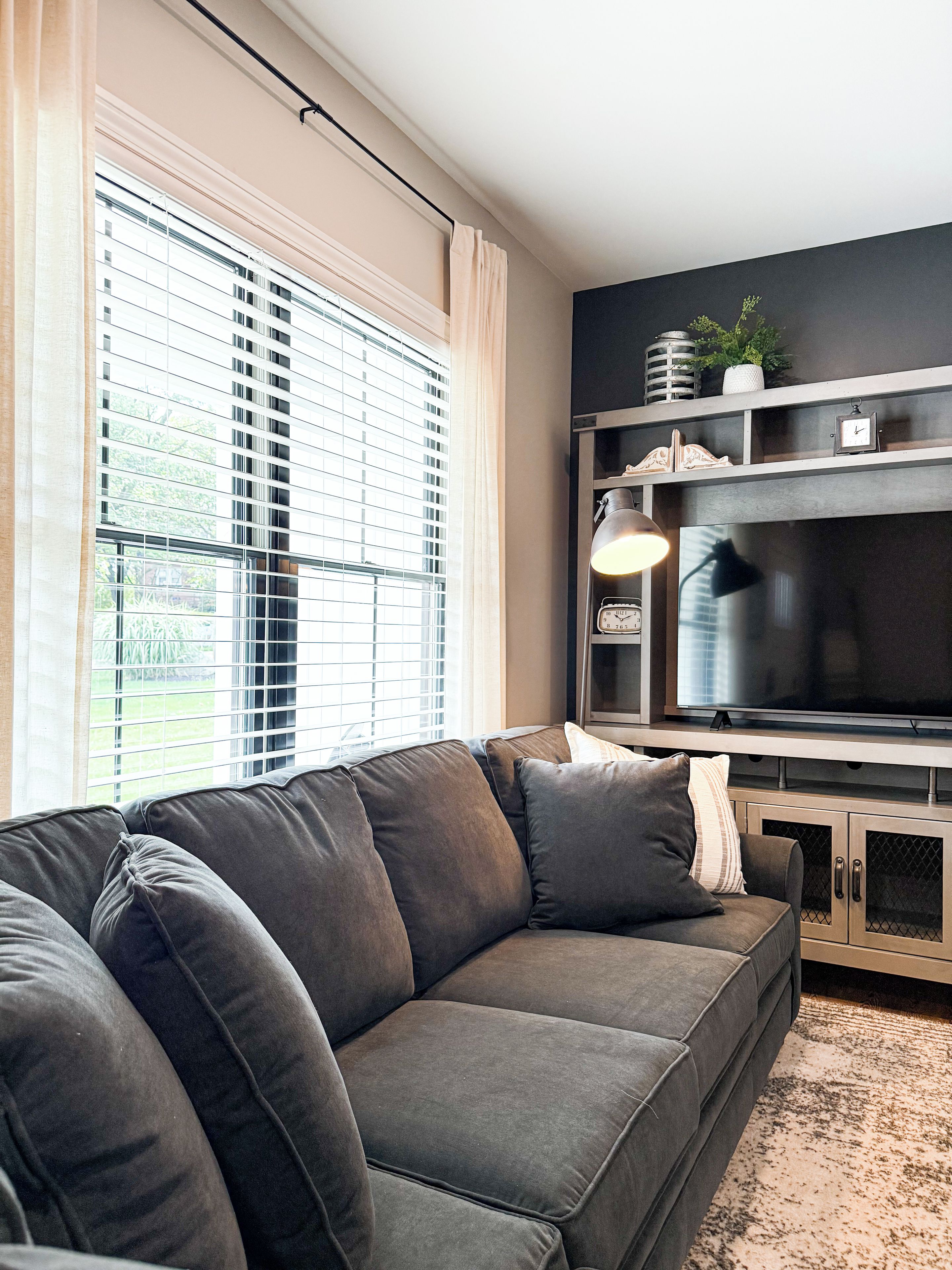 A modern living room with a grey sofa, a flat-screen TV, and a window with blinds.