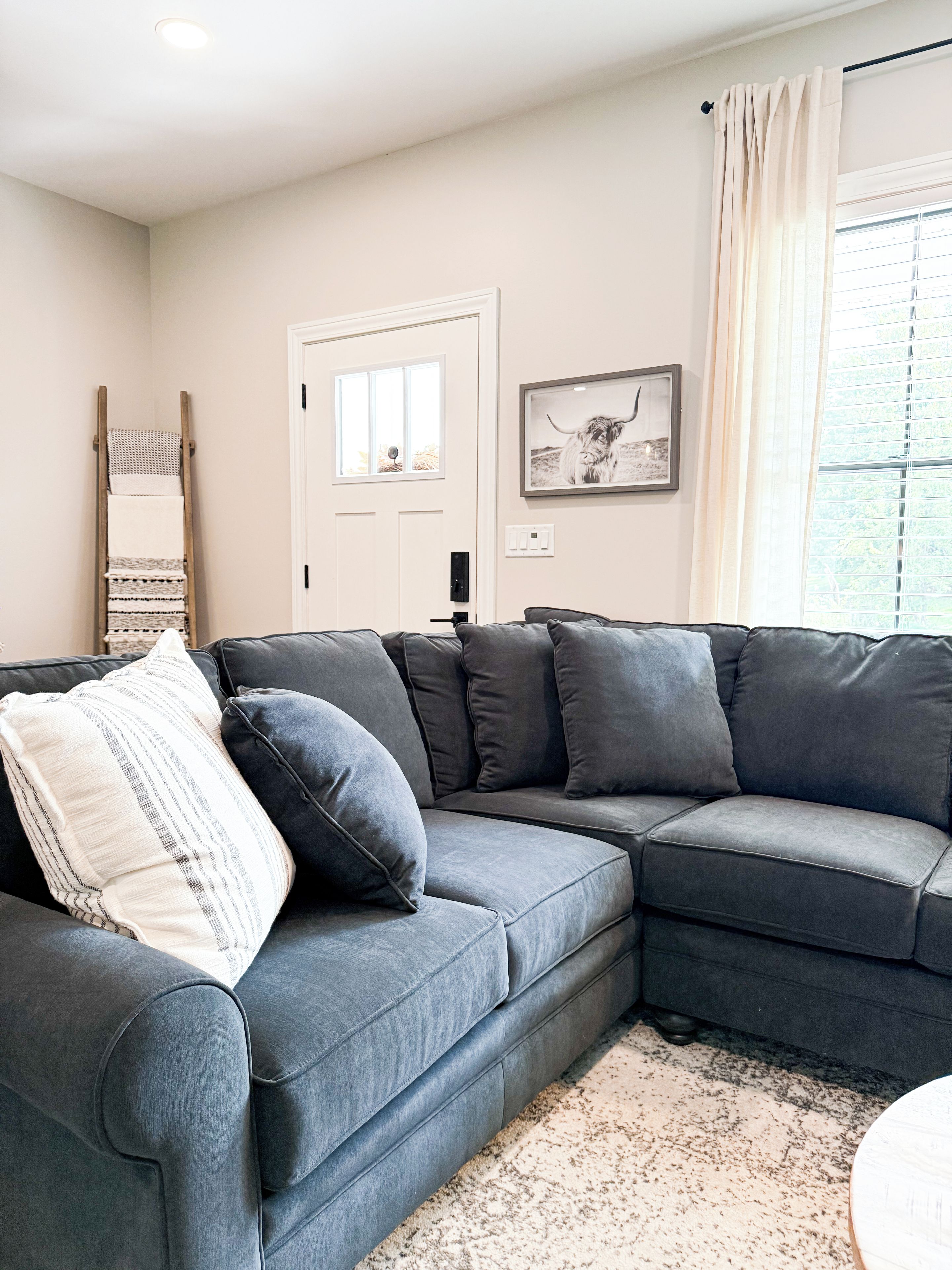 A modern living room with a sectional sofa, a ladder, a framed picture, and a window with curtains.