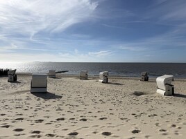 Una playa con varias sillas de playa vacías y arena al frente.
