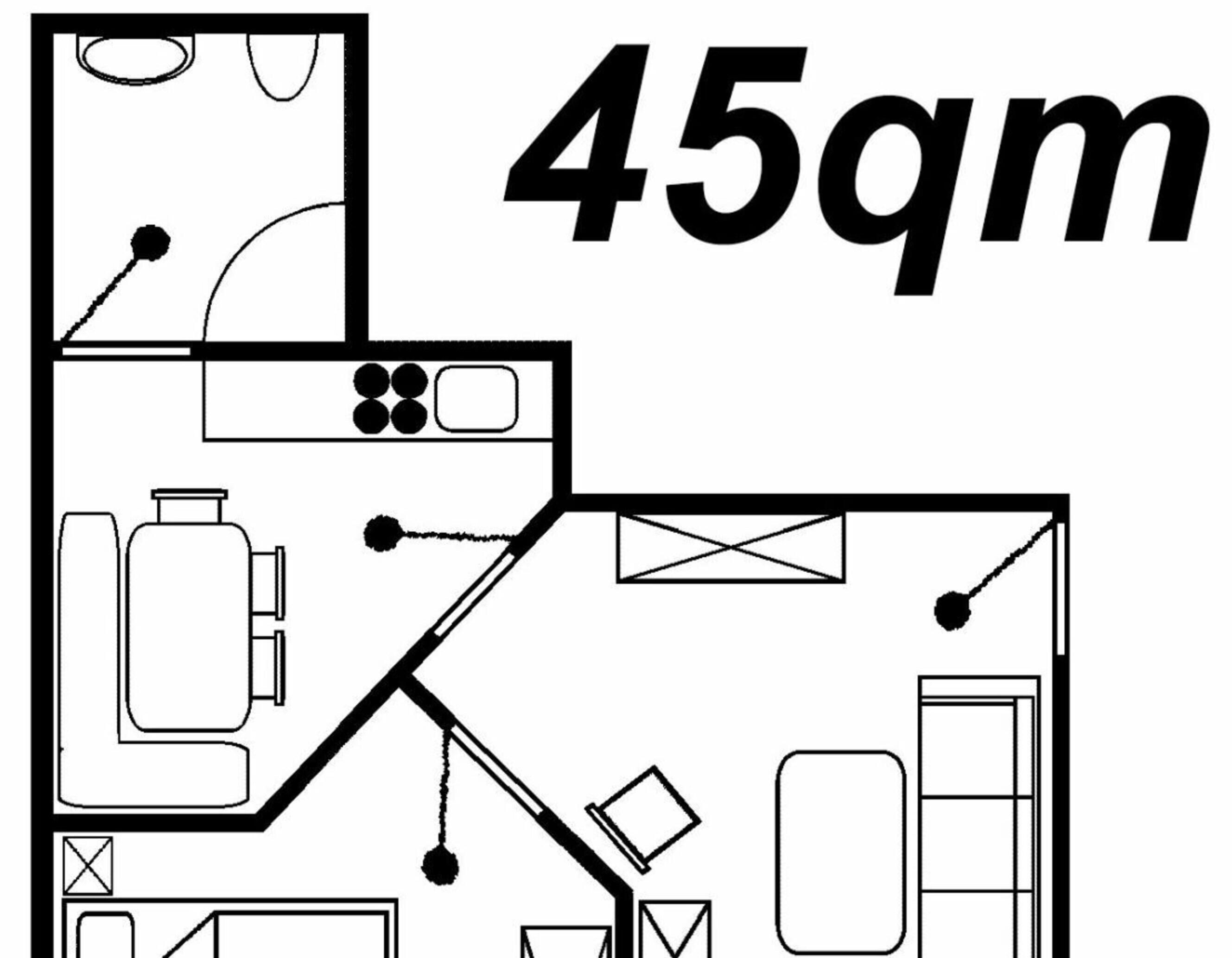 Plano de planta que muestra una cocina, zona de comedor y un baño. Hay cuatro habitaciones conectadas por pasillos.