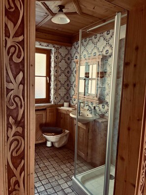 Interior de madera con inodoro, lavamanos y zona de ducha.