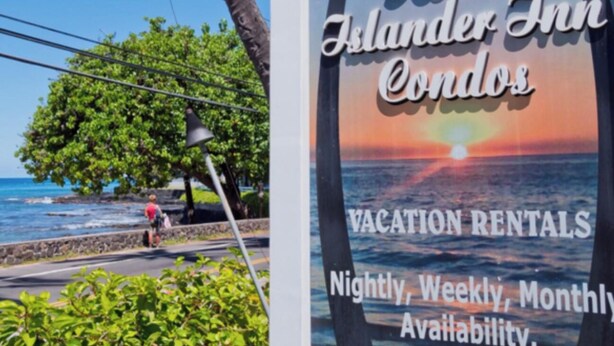 A sign for Kona Islander Inn Condos advertising vacation rentals with nightly, weekly, and monthly availability. - AVAILABLE IRONMAN 2026 - OCEANVIEW Brilliant condo Close to the PIER For Ironman (Kailua-Kona)