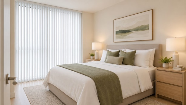 A bedroom with a bed, bedside tables, lamps, a window with blinds, and a wall-mounted painting. - Unionmark Suites (Toronto)