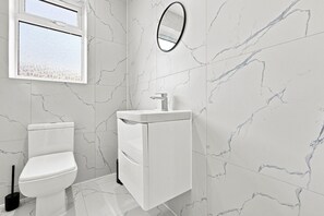 A bathroom with a toilet, a sink, and a mirror.