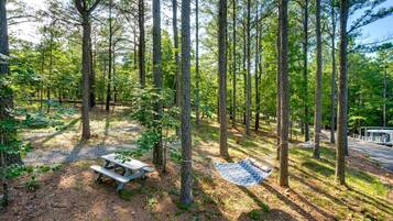 Un campamento arbolado con una mesa de picnic y una hamaca.