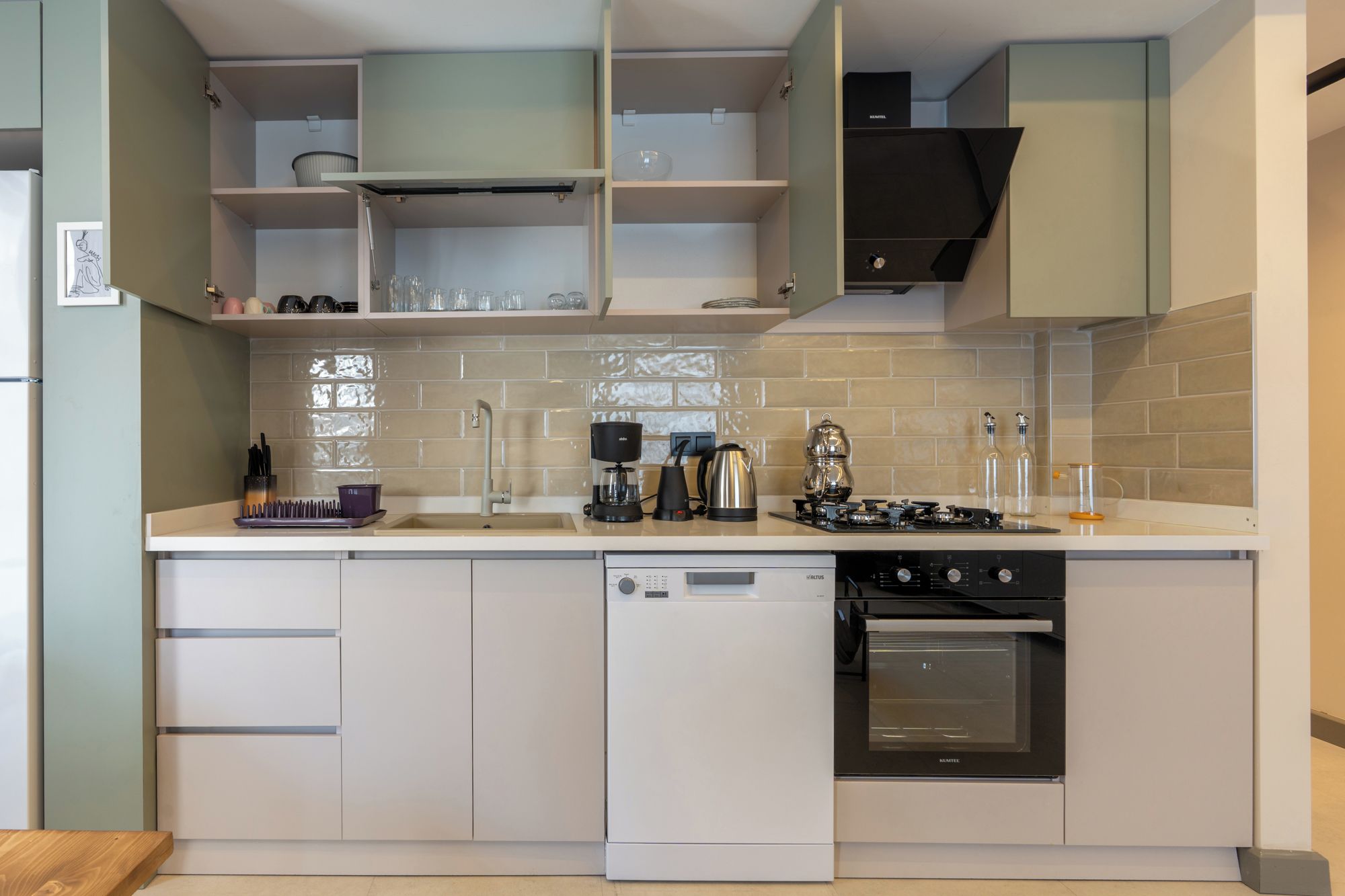 A modern kitchen with white cabinetry, a built-in dishwasher, a stove, and a sink.