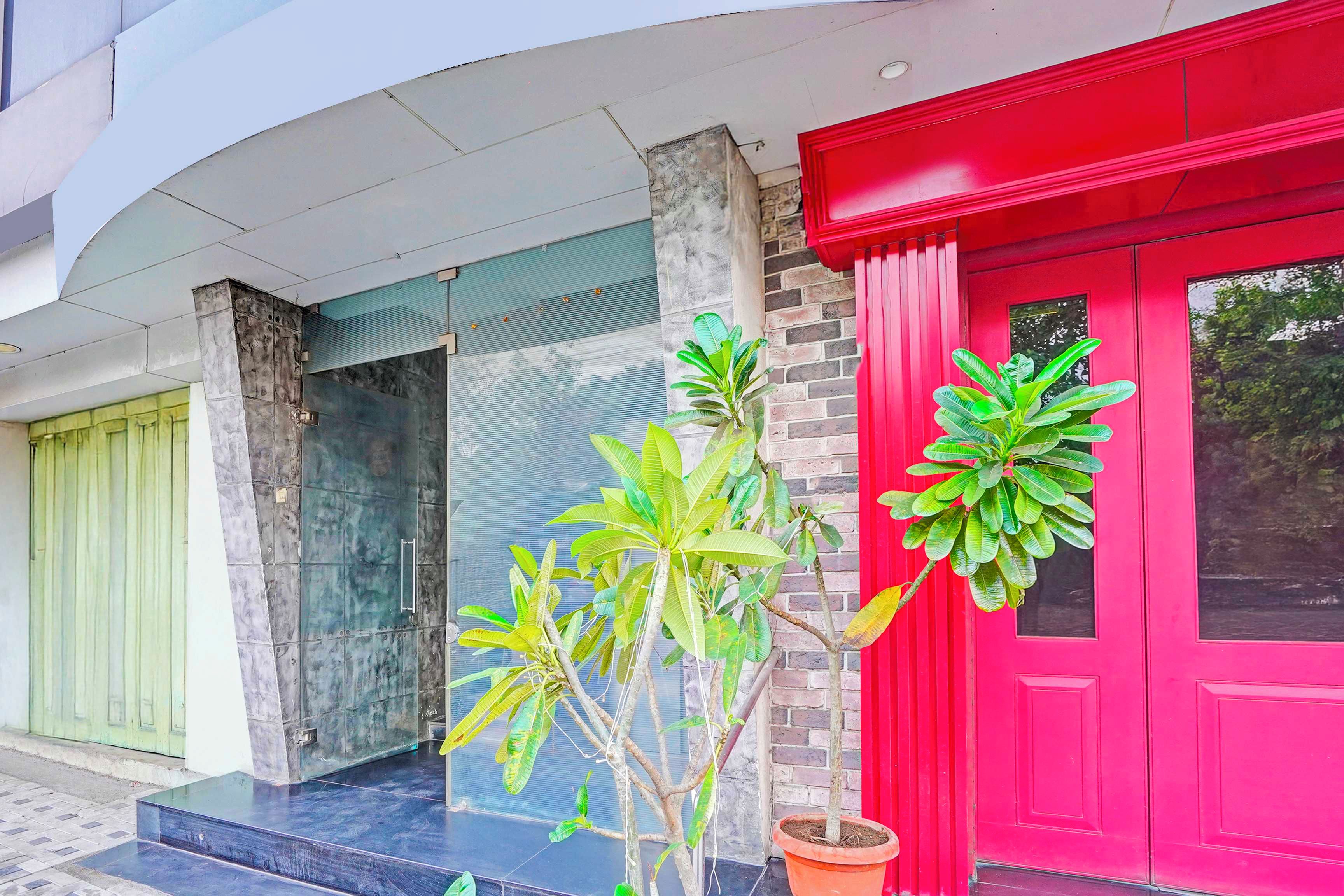Un edificio con una puerta roja, una verde y una azul. Hay macetas con plantas delante de las puertas.