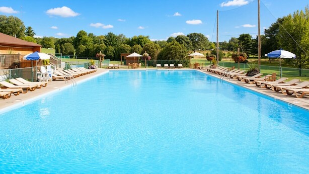 Una piscina rectangular con sillas de descanso y sombrillas a los lados.