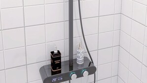 A modern shower with a handheld showerhead and a fixed overhead showerhead, both mounted on a grey stand. - wangwangwang (Kwun Tong)