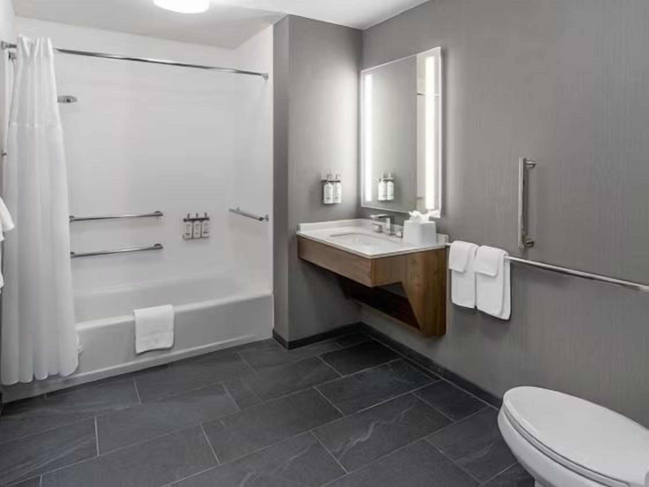 Un baño moderno con bañera, ducha, tocador e inodoro.