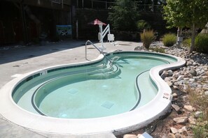 A swimming pool with a curved design, a diving board, and a small covered seating area.
