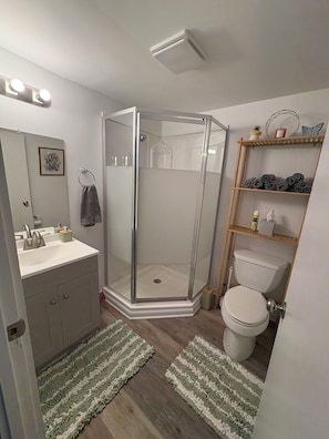 Badeværelse med brusekabine i glas, toilet, håndvask med spejl og en hylde med håndklæder.