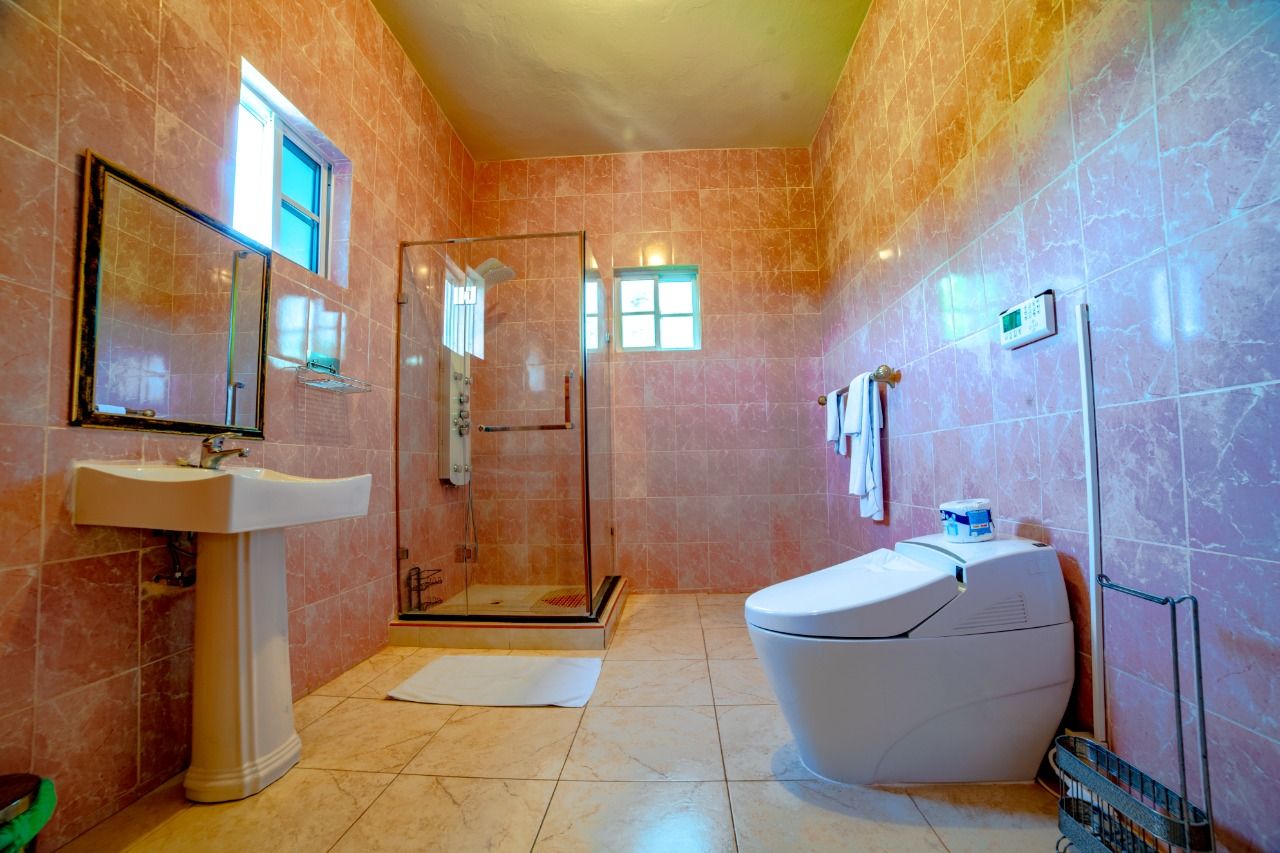 Shower, jetted bath, bidet, towels
