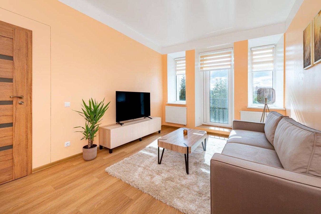 Una sala moderna con sofá, una mesa de centro, televisor y una planta en maceta.