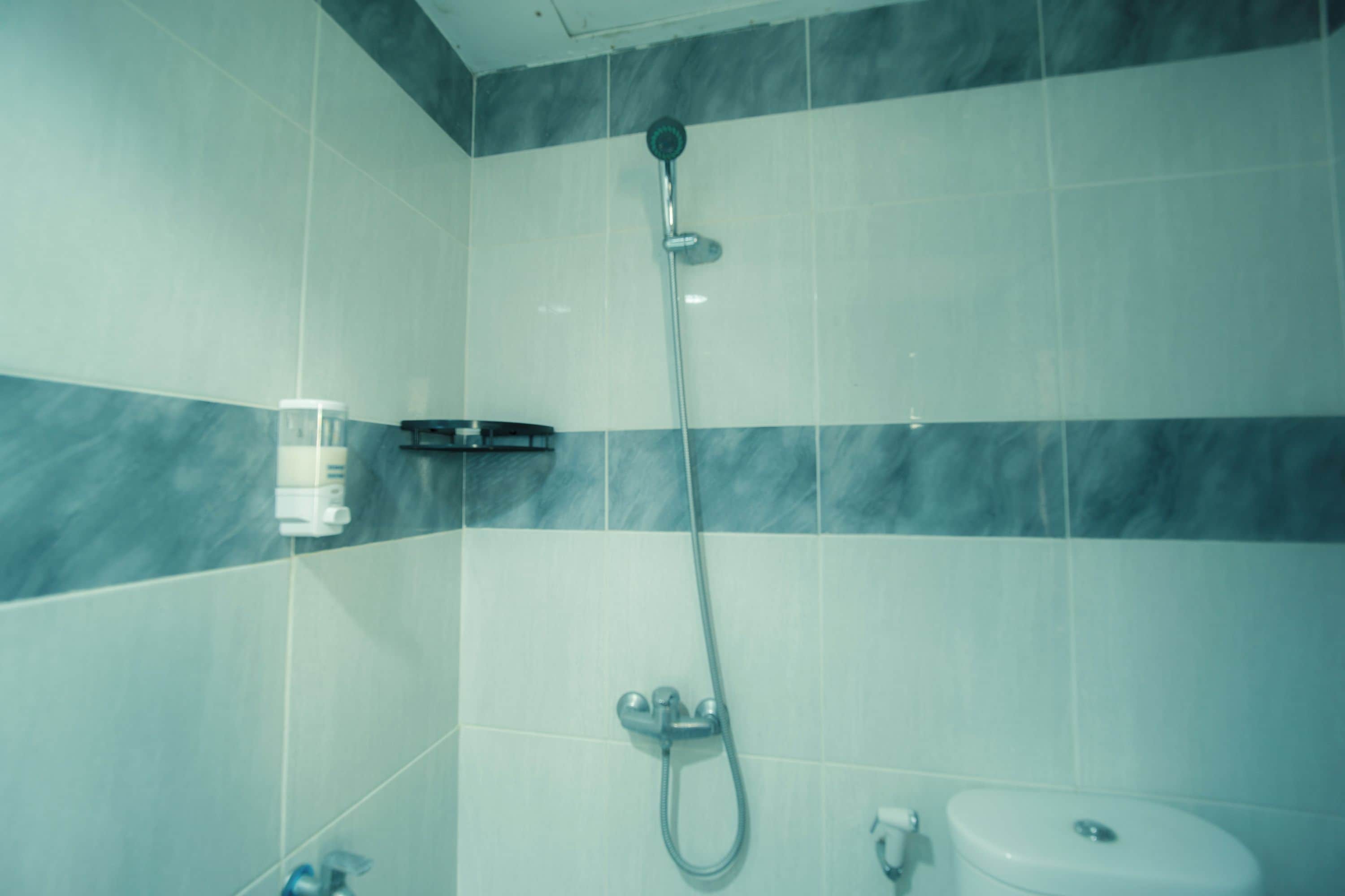 Une salle de bain équipée d’une douche, de toilettes et d’un distributeur de savon fixé au mur.