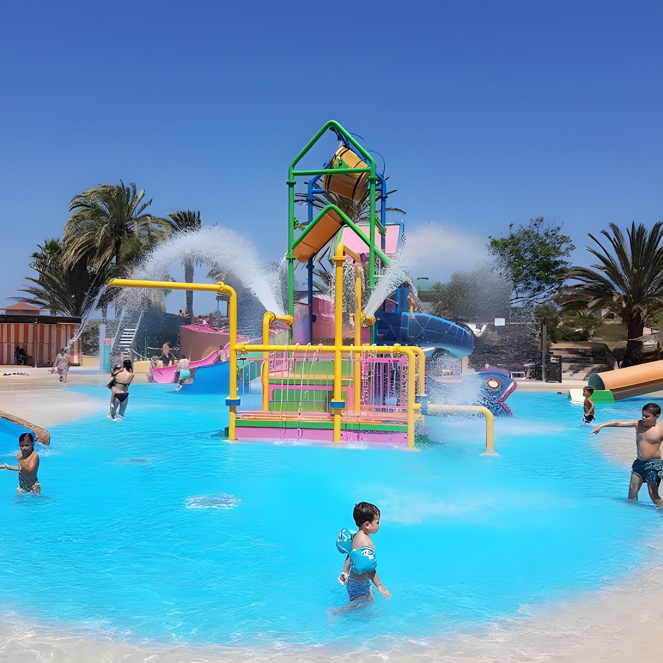 Un parque acuático con múltiples atracciones y toboganes.